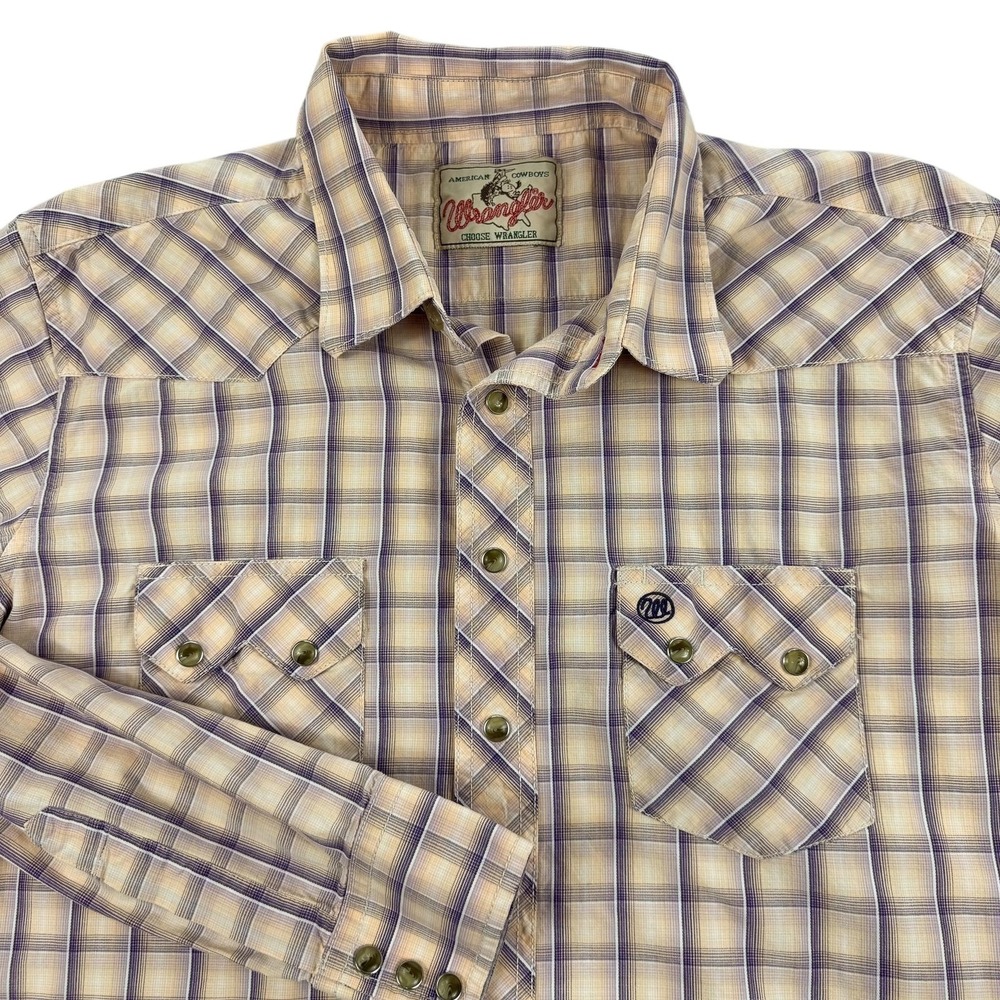Wrangler Mens Large Beige Plaid Western Pearl Snap Cowboy Rodeo Shirt MV1378M